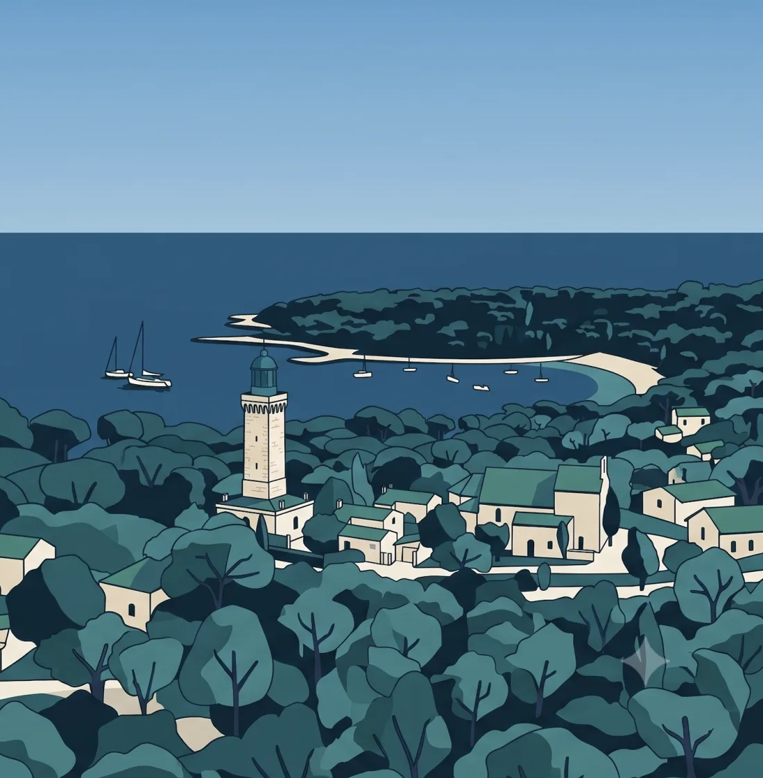 Illustration du phare de la Garoupe dominant la pinède et la baie d'Antibes