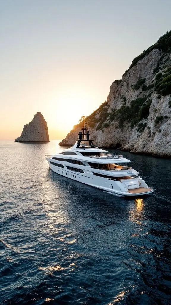 Yacht de grande plaisance longeant les falaises au coucher du soleil